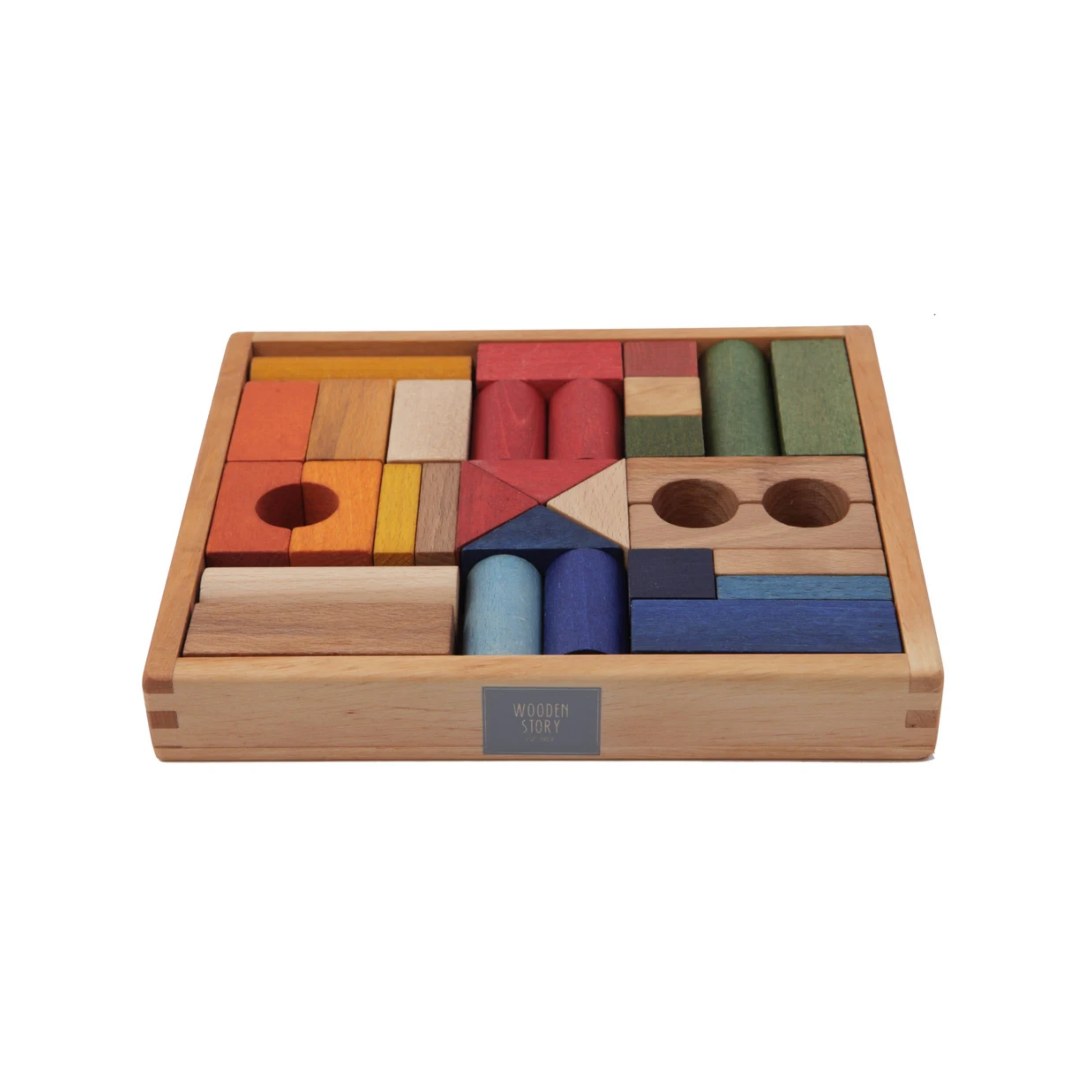 Wooden Story Warm Holzbausteine im Holztablett – 30 Teile