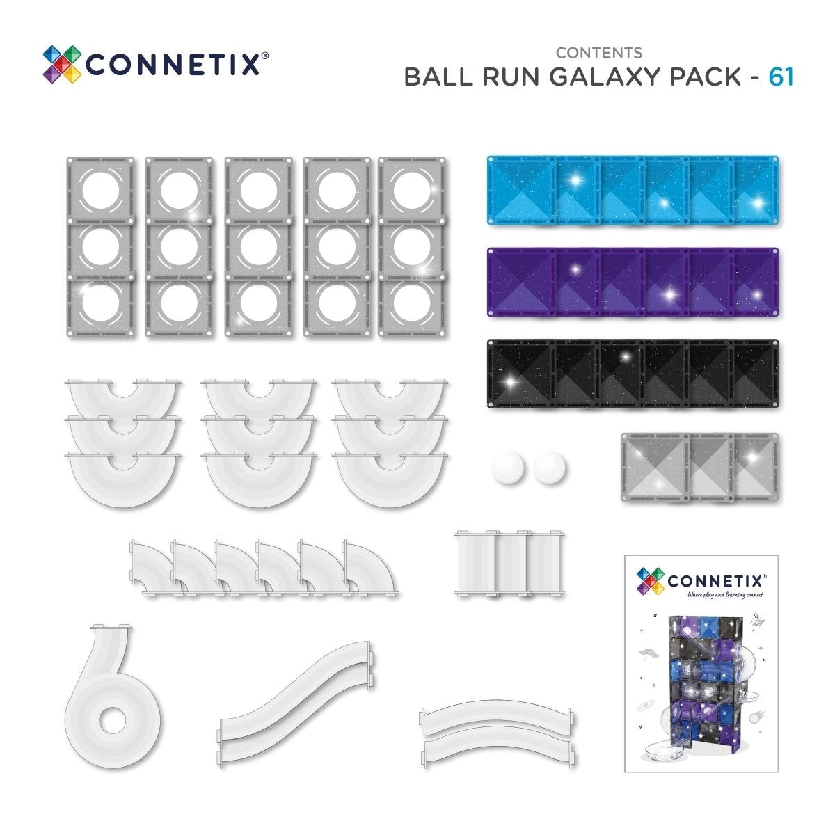 CONNETIX Ball Run Galaxy Pack 61 Pieces – Magnetic Ball Run with Light-Up Balls