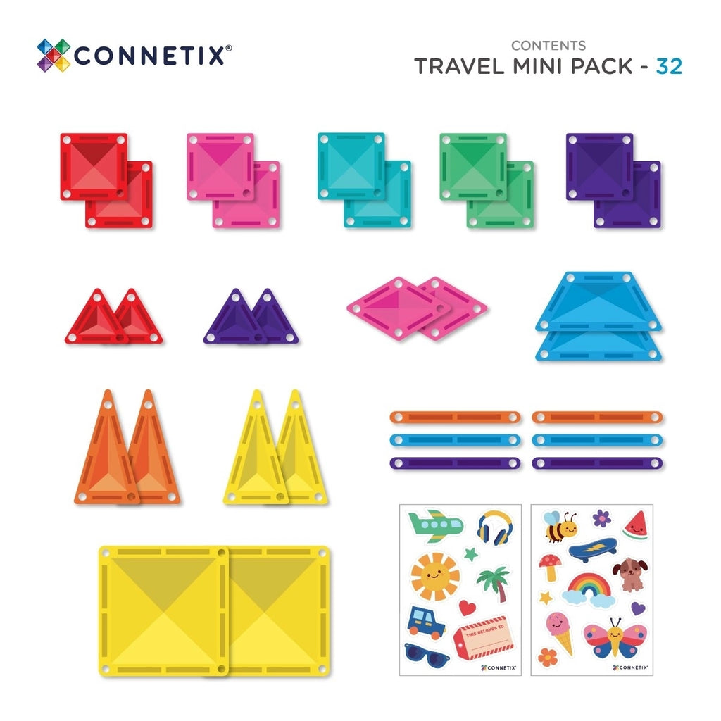 CONNETIX Travel Mini Pack 32 Pieces - Magnetic building blocks for on the go in a practical metal box