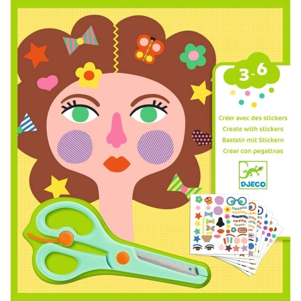 Djeco Sticker Frisuren – Kreatives Bastelset mit Schere ab 3 Jahren