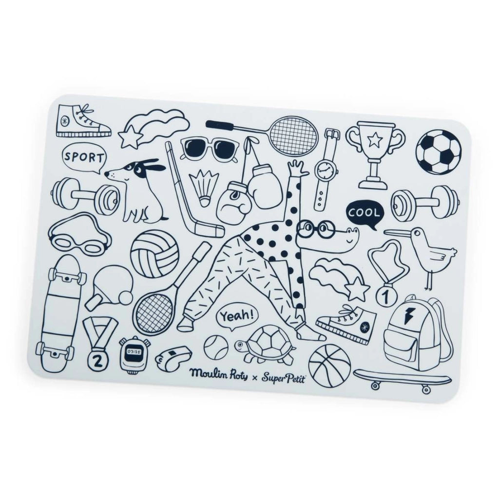 Moulin Roty Loufoques Mini Silikon-Tischset zum Ausmalen – 4 abwaschbare Filzstifte
