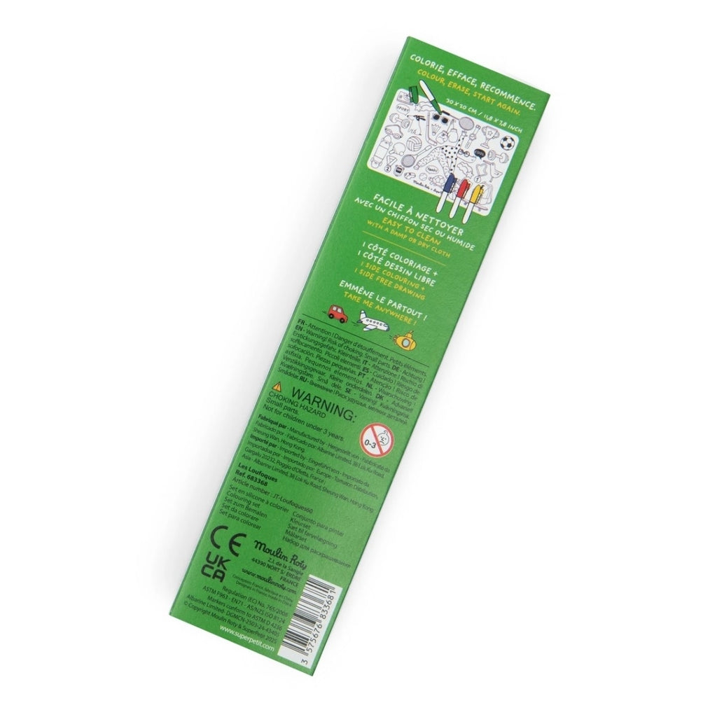Moulin Roty Loufoques Mini Silikon-Tischset zum Ausmalen – 4 abwaschbare Filzstifte
