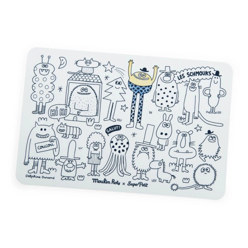 Moulin Roty Schmouks Mini Silikon-Tischset zum Ausmalen – 4 abwaschbare Filzstifte