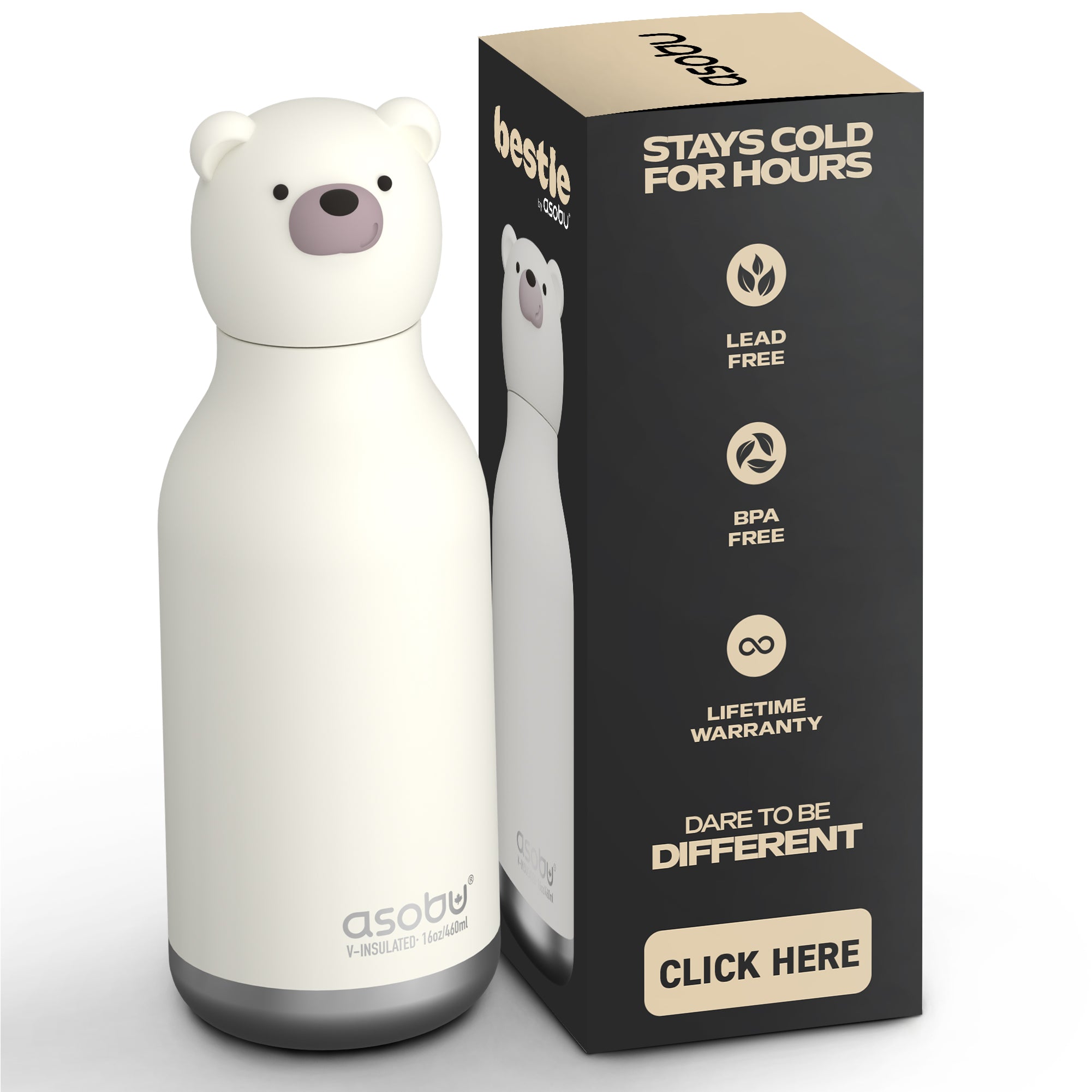 ASOBU Bestie Polar Bear Trinkflasche – Isolierte Kinder-Trinkflasche mit Strohhalm 460 ml
