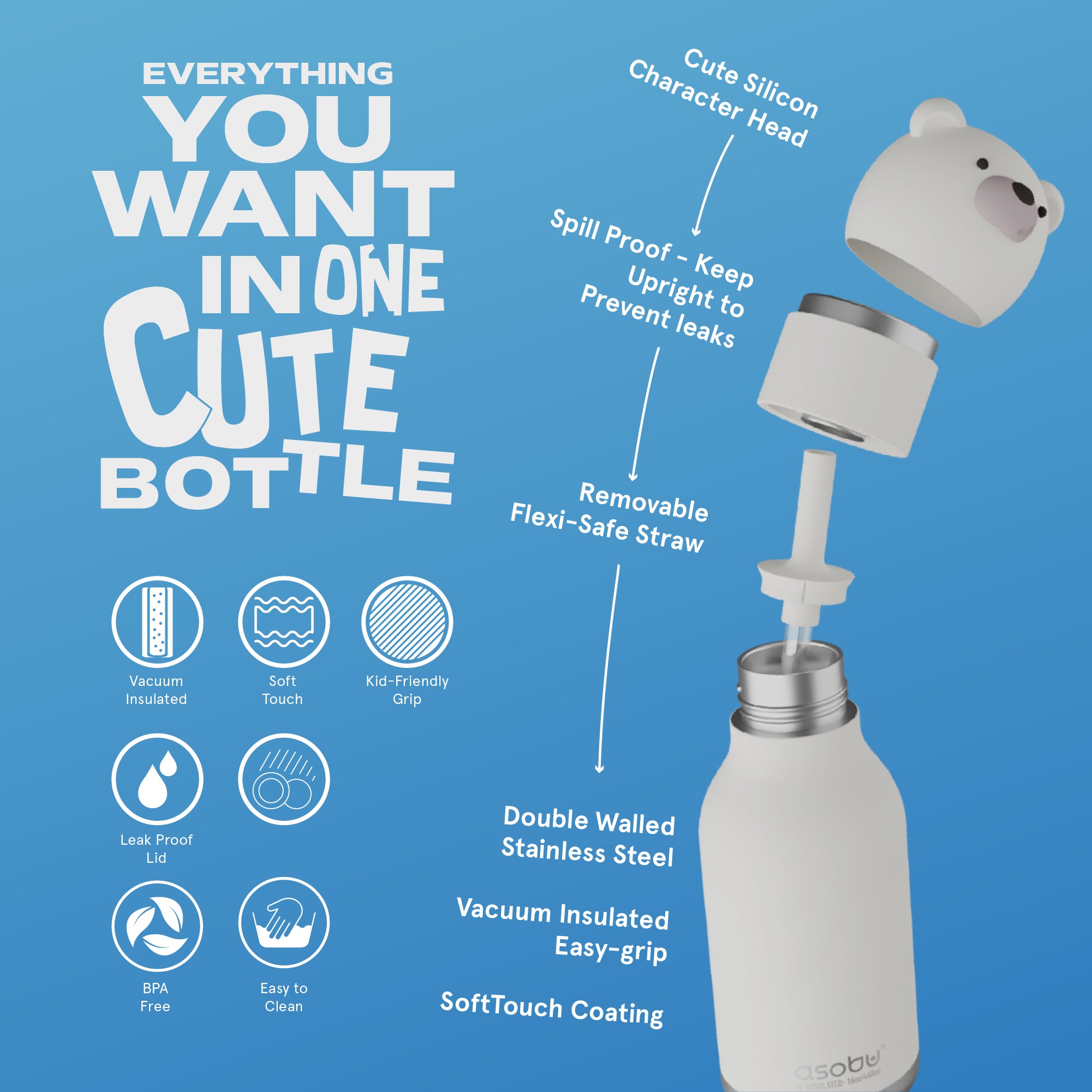 ASOBU Bestie Polar Bear Trinkflasche – Isolierte Kinder-Trinkflasche mit Strohhalm 460 ml