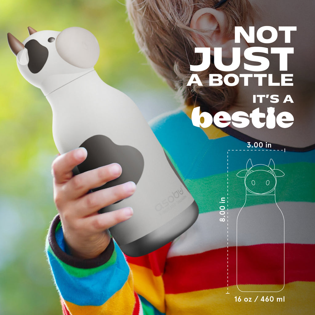 ASOBU Bestie Cow Trinkflasche – Isolierte Kinder-Trinkflasche mit Strohhalm 460 ml