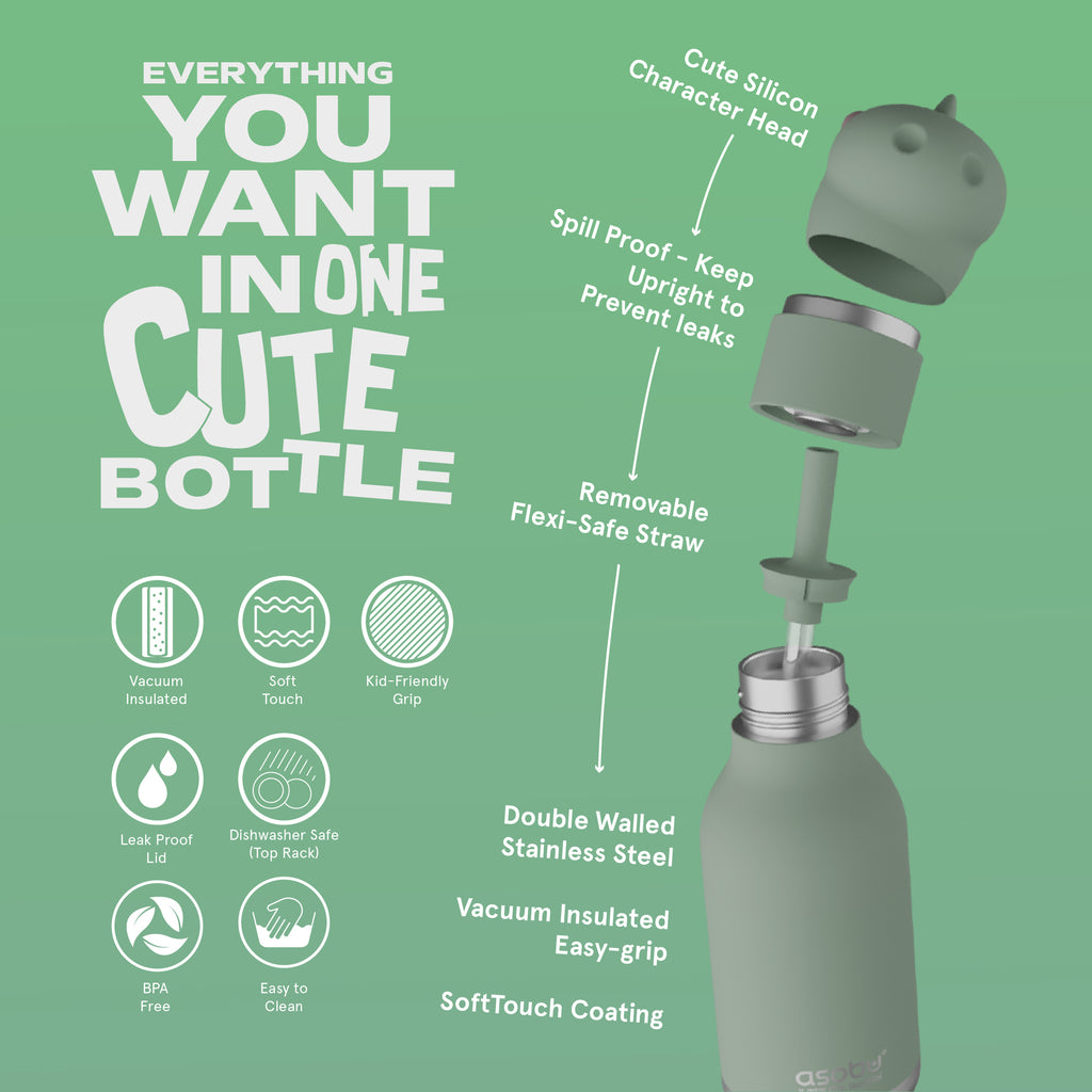ASOBU Bestie Dinosaur Trinkflasche – Isolierte Kinder-Trinkflasche mit Strohhalm 460 ml