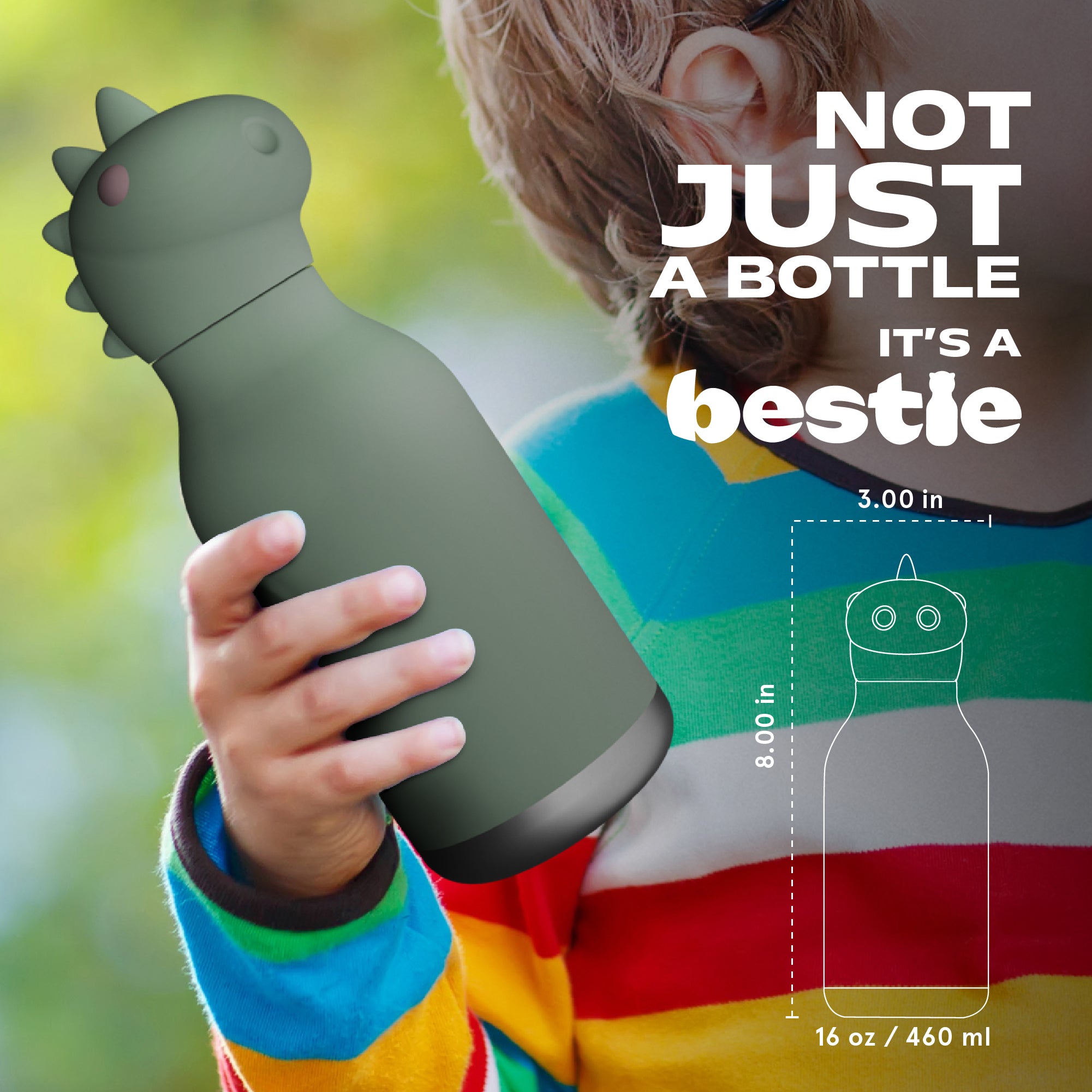 ASOBU Bestie Dinosaur Trinkflasche – Isolierte Kinder-Trinkflasche mit Strohhalm 460 ml
