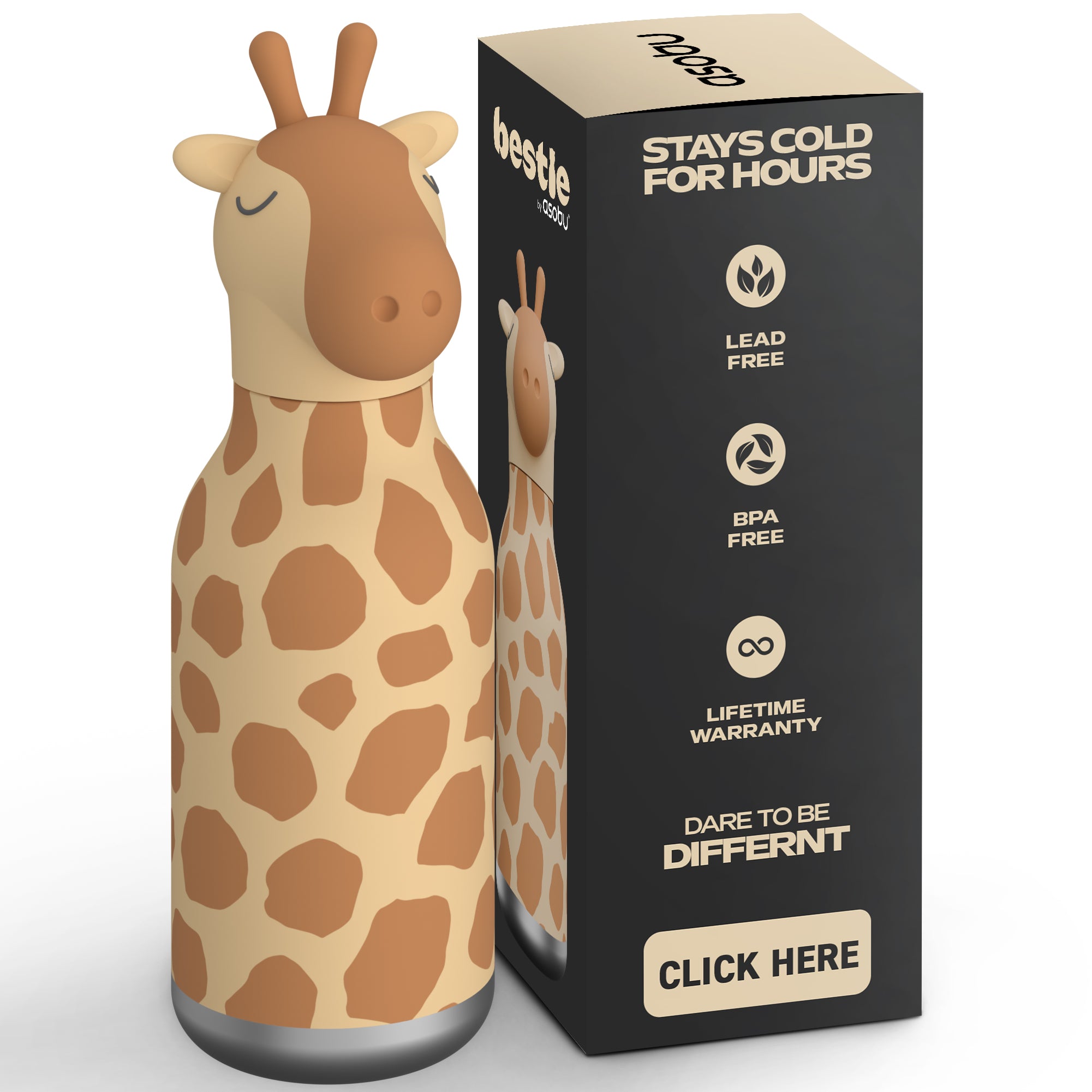 ASOBU Bestie Giraffe Trinkflasche – Isolierte Kinder-Trinkflasche mit Strohhalm 460 ml