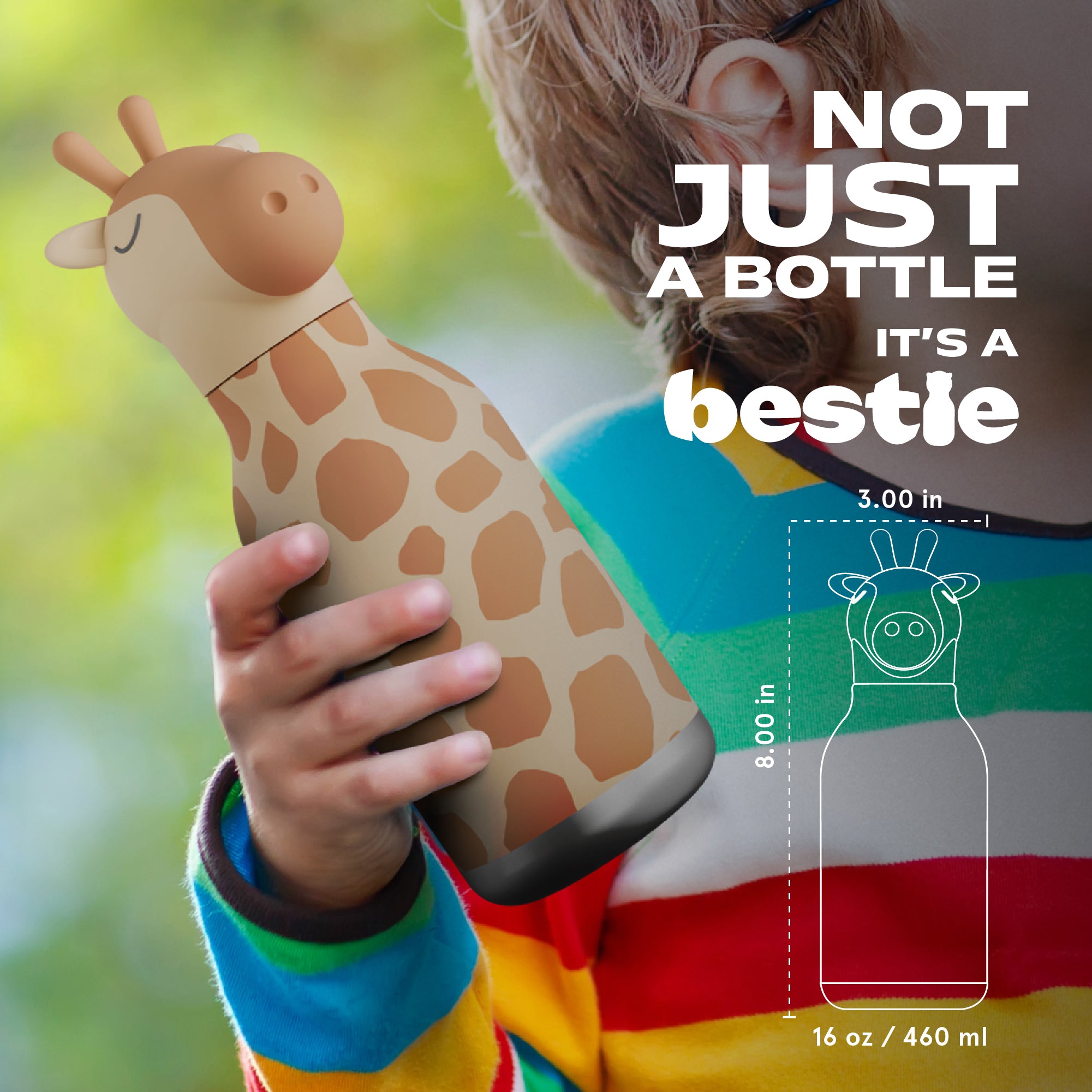 ASOBU Bestie Giraffe Trinkflasche – Isolierte Kinder-Trinkflasche mit Strohhalm 460 ml