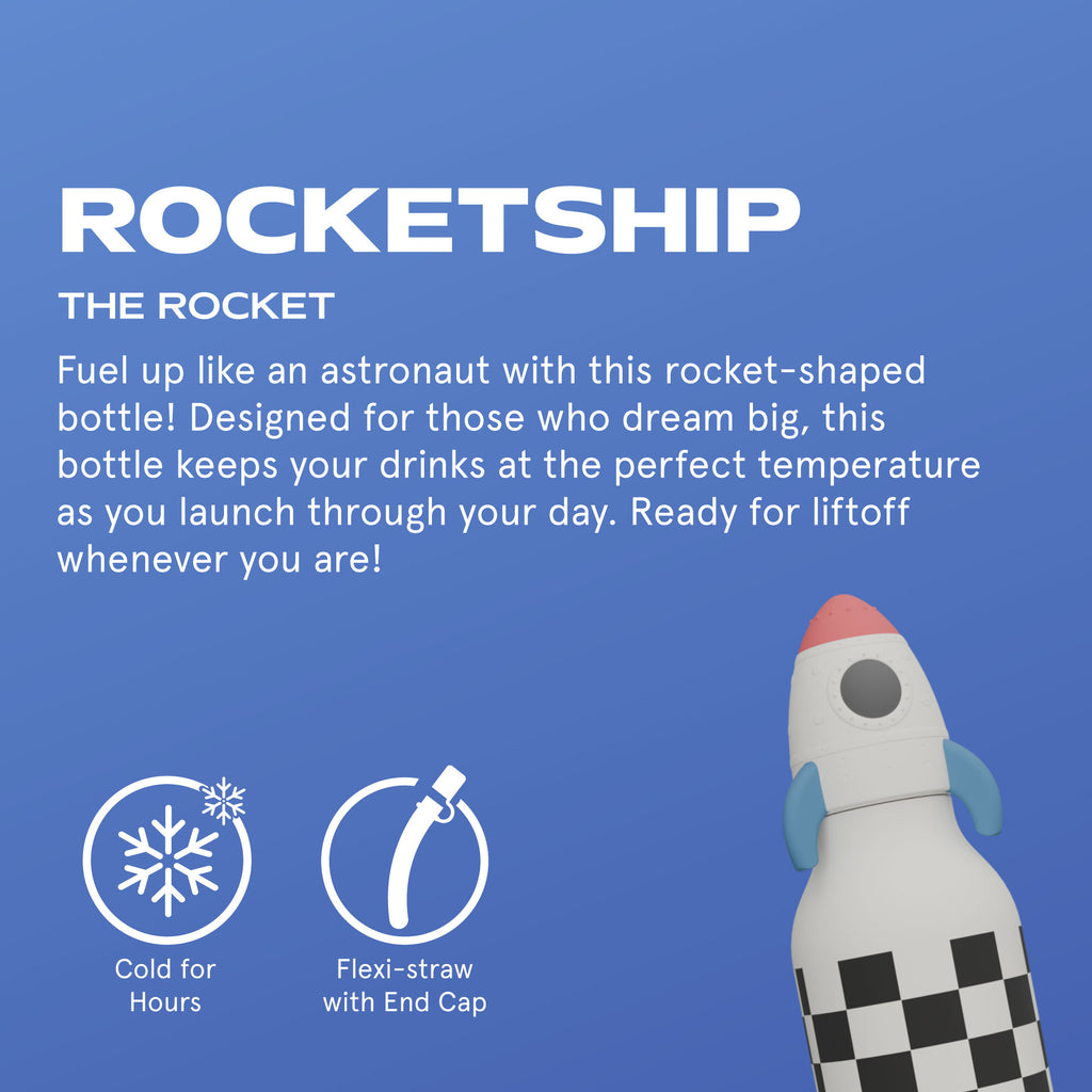 ASOBU Bestie Rocketship Trinkflasche – Isolierte Kinder-Trinkflasche mit Strohhalm 460 ml