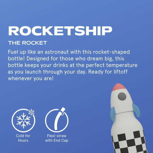 ASOBU Bestie Rocketship Trinkflasche – Isolierte Kinder-Trinkflasche mit Strohhalm 460 ml