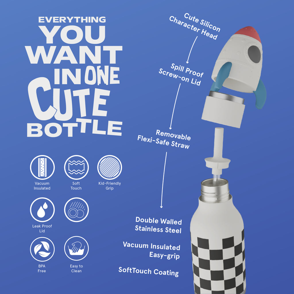 ASOBU Bestie Rocketship Trinkflasche – Isolierte Kinder-Trinkflasche mit Strohhalm 460 ml