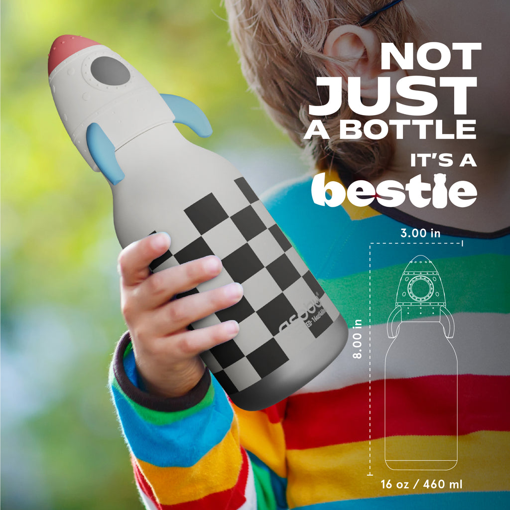 ASOBU Bestie Rocketship Trinkflasche – Isolierte Kinder-Trinkflasche mit Strohhalm 460 ml