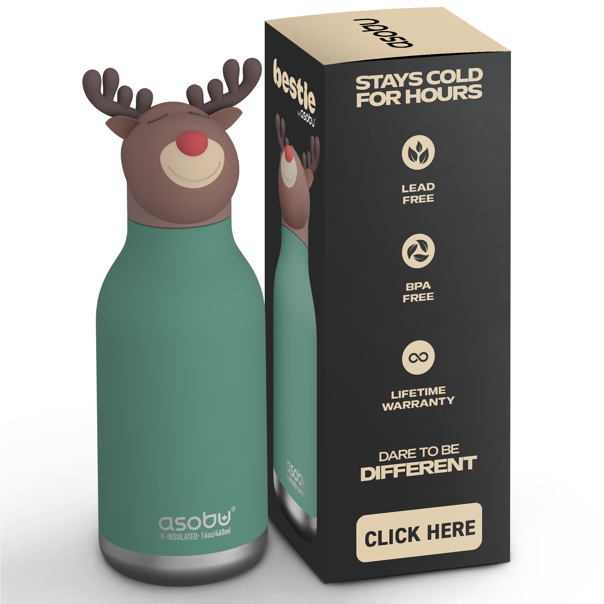 Asobu Bestie Reindeer Trinkflasche | Isolierte Kinderflasche 460 ml