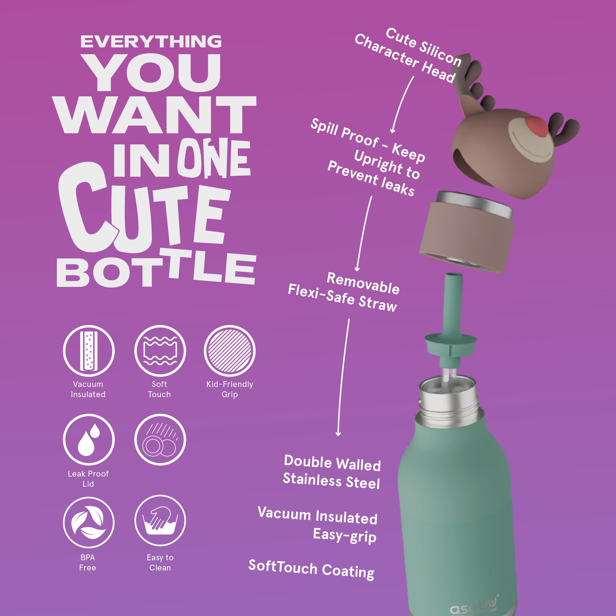 Asobu Bestie Reindeer Trinkflasche | Isolierte Kinderflasche 460 ml