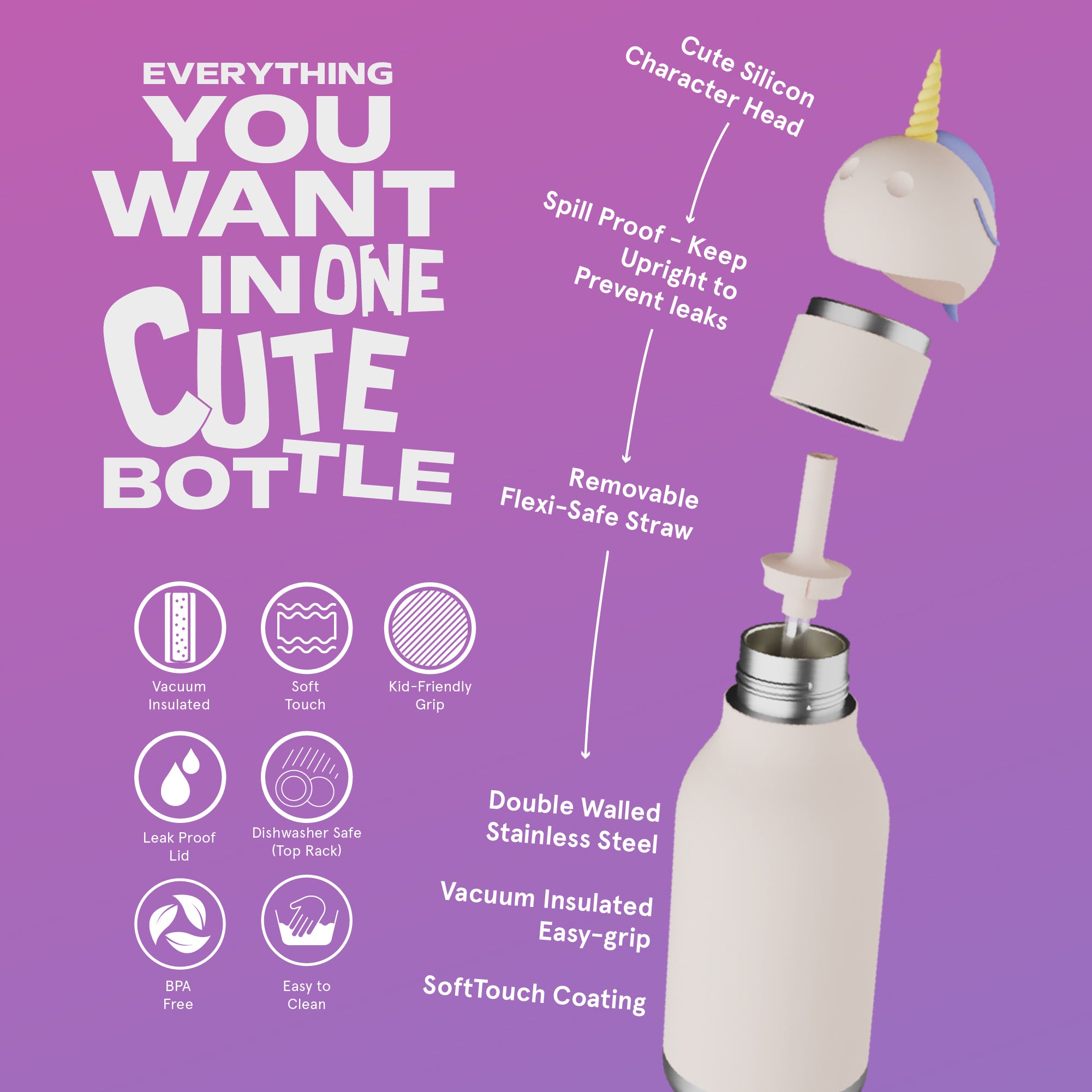 Asobu Bestie Unicorn Trinkflasche | Isolierte Kinderflasche 460 ml